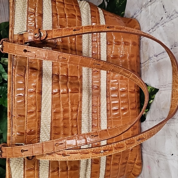 Brahmin Mini Asher Whiskey Stripe Raffia Tan and Cream Leather Tote Bag - Picture 7 of 14
